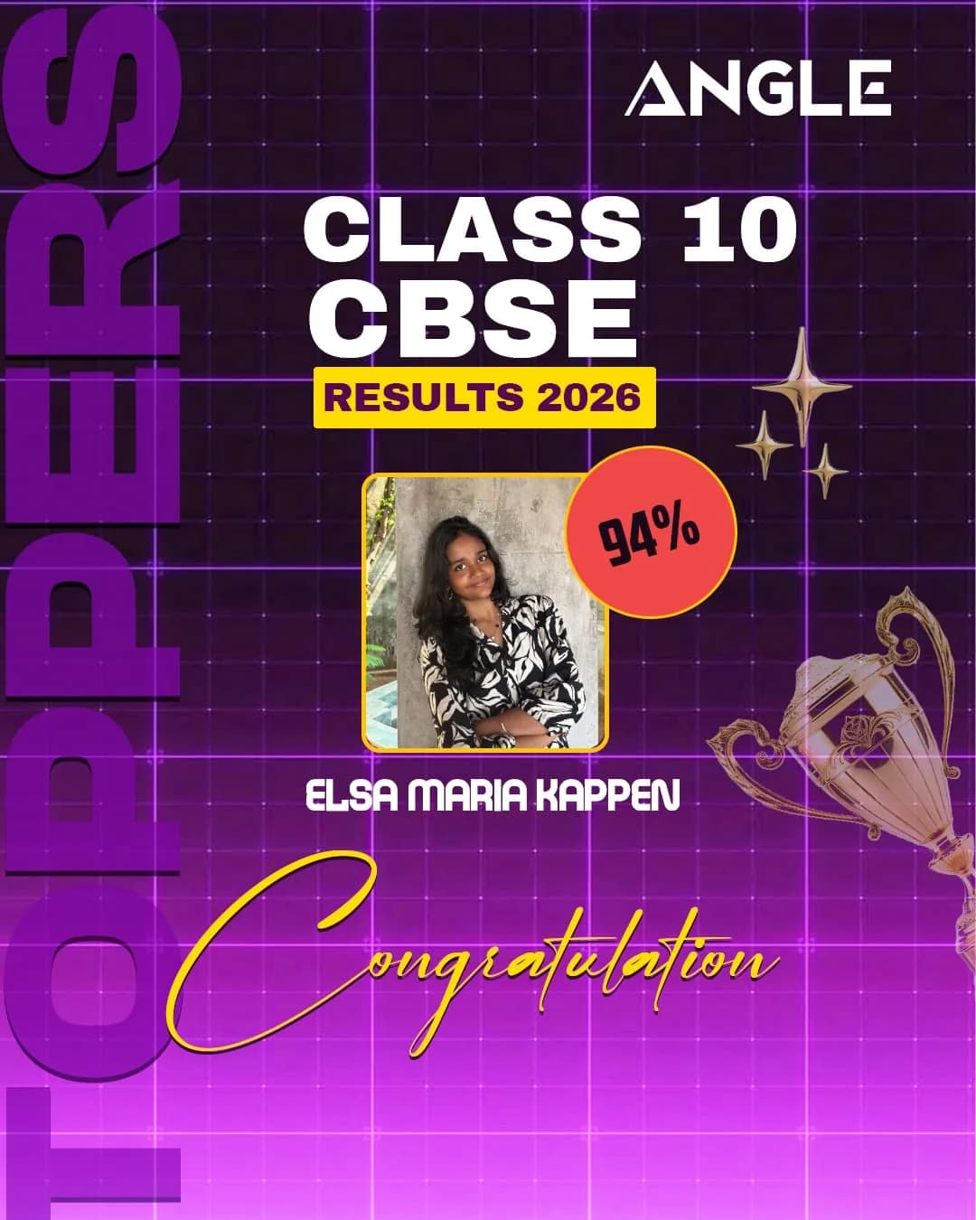 Angle Class 10 CBSE 2026 topper poster for Elsa Maria Kappen scoring 94 percent