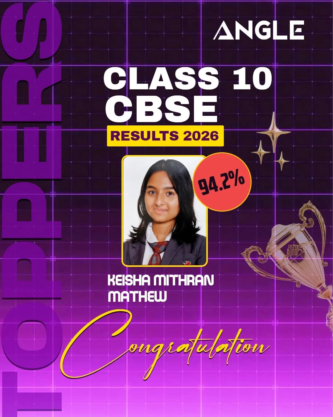 Angle Class 10 CBSE 2026 topper poster for Keisha Mithran Mathew scoring 94.2 percent