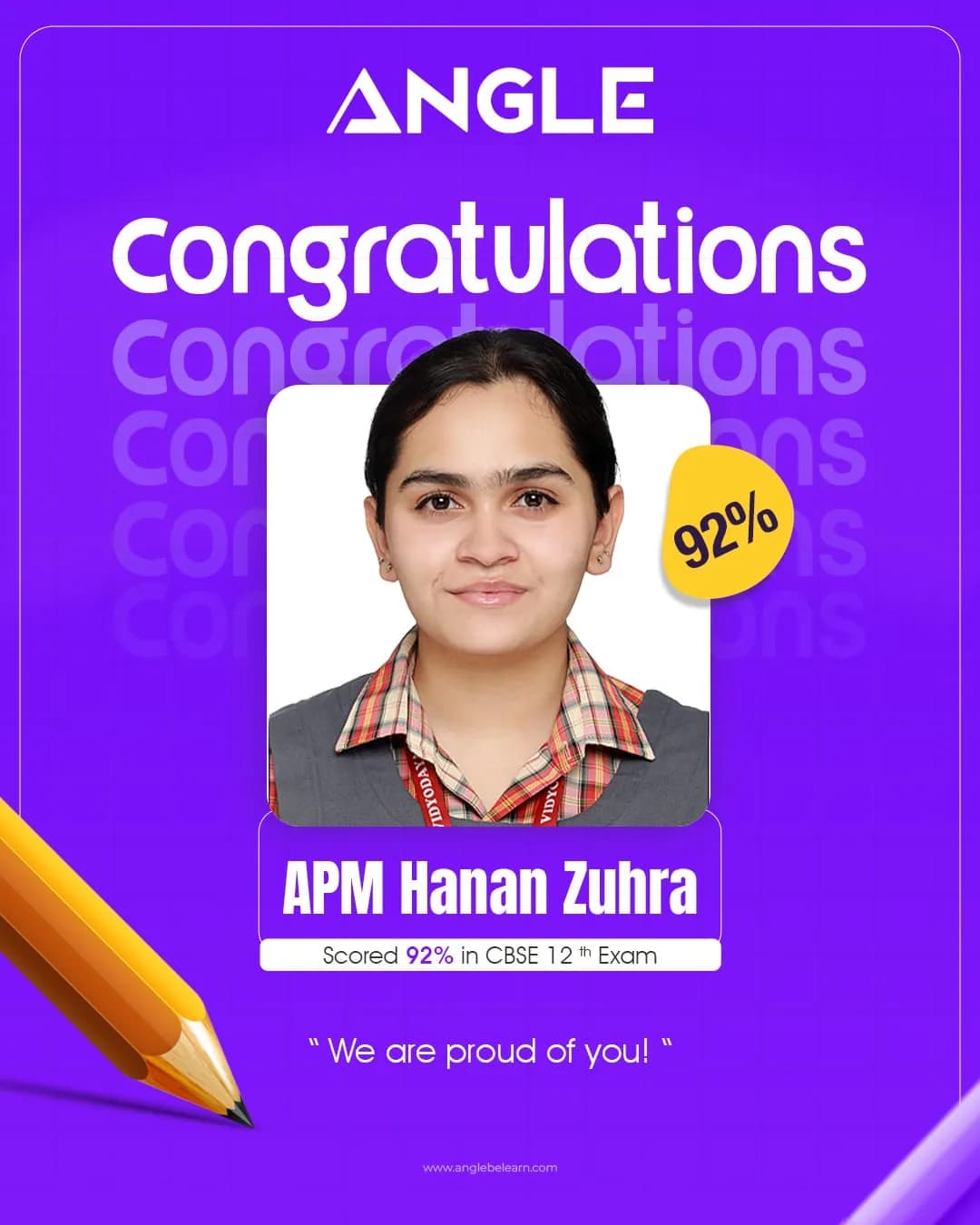 Angle Class 12 CBSE congratulations poster for APM Hanan Zuhra scoring 92 percent