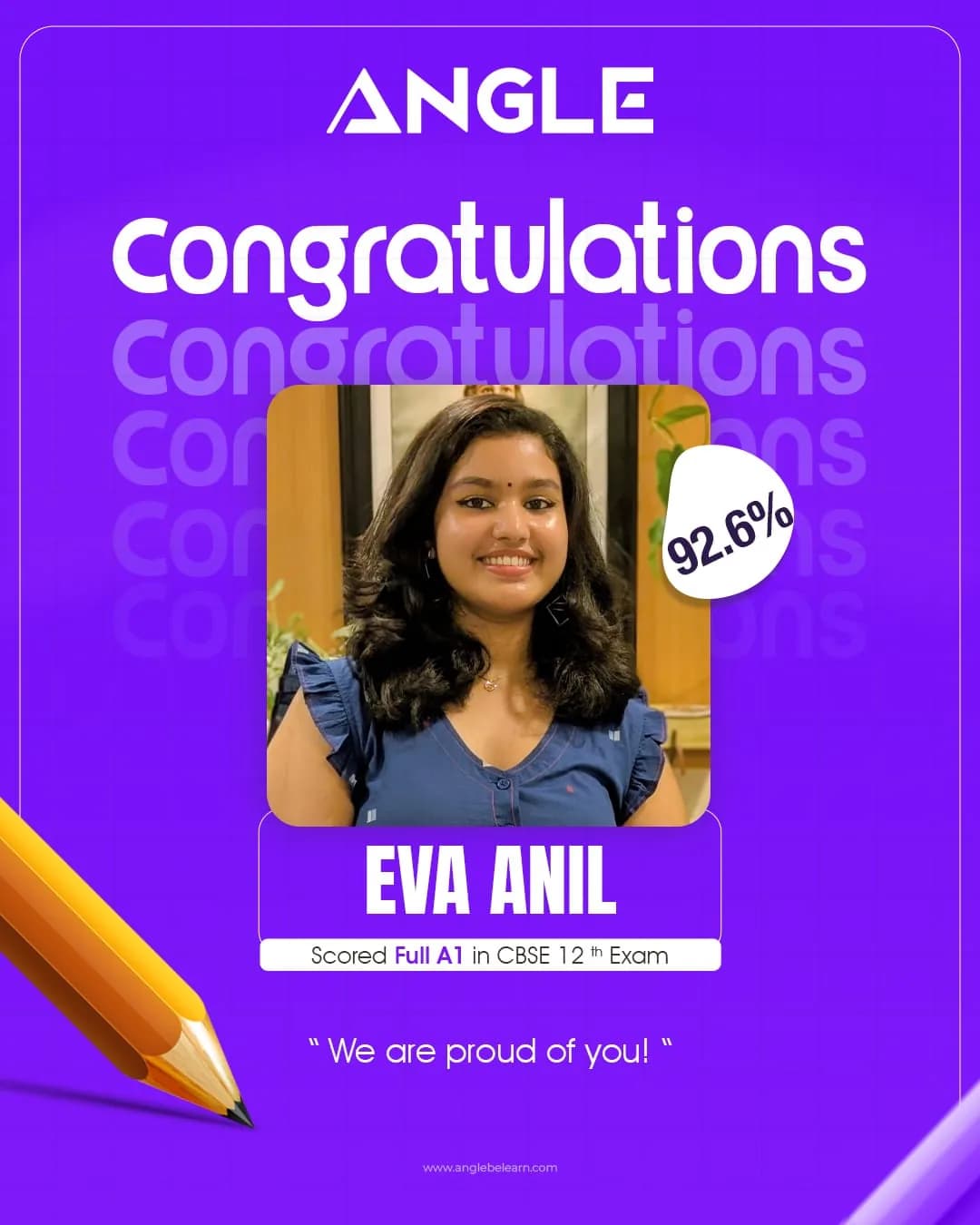 Angle Class 12 CBSE congratulations poster for Eva Anil scoring 92.6 percent Full A1