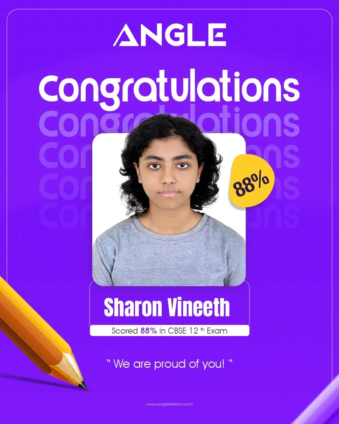 Angle Class 12 CBSE congratulations poster for Sharon Vineeth scoring 88 percent